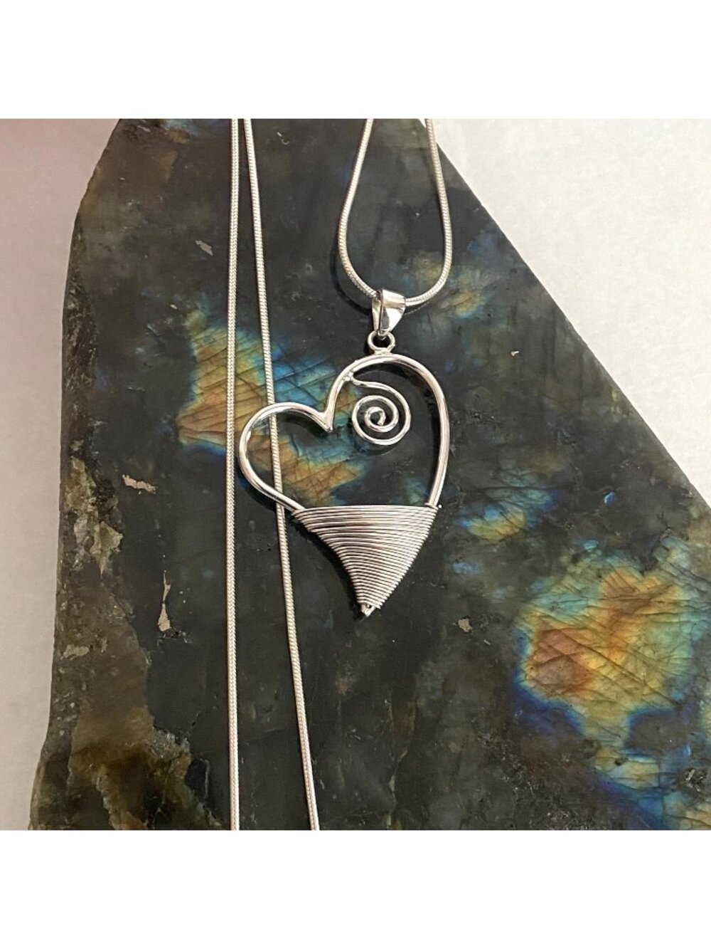 Sterling Silver 925 Asymmetrical Spiral Heart Pendant Necklace 17.5" Snake Chain